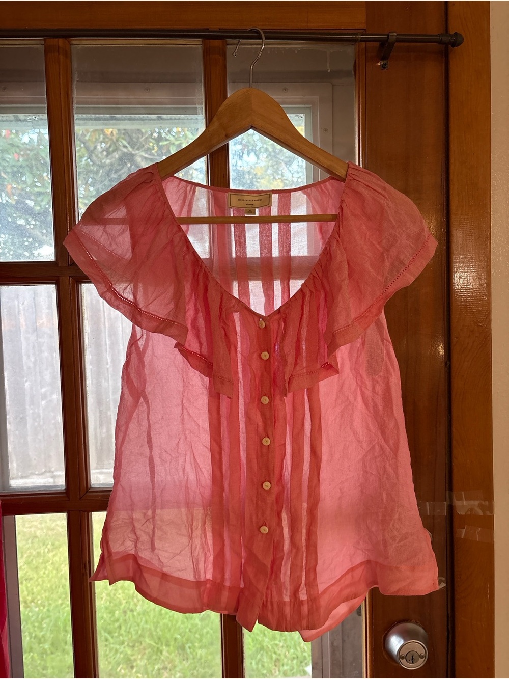 Anthro Moulinette Soeurs Sheer Pink Ruffles Silk Blend Romantic Boho Blouse